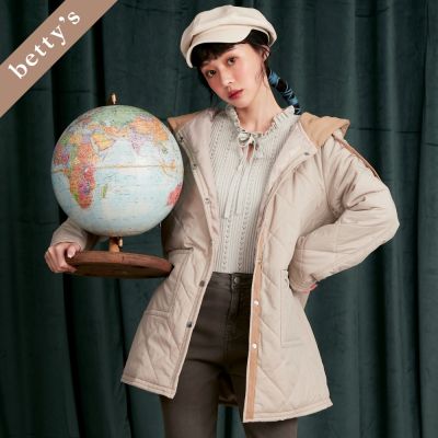 betty’s貝蒂思 格紋薄鋪棉連帽長版外套(淺卡其)