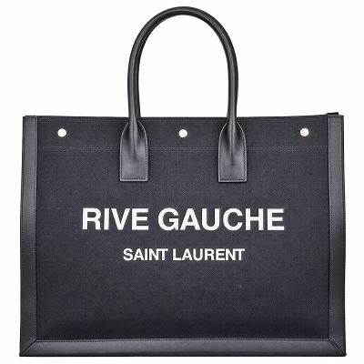 YSL RIVE GAUCHE 黑色帆布皮飾邊白字大型手提/托特包