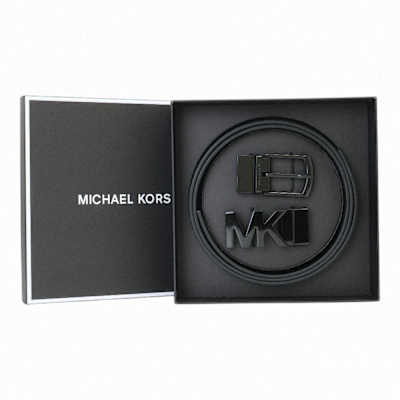 MICHAEL KORS 霧黑雙釦皮帶頭兩面用皮帶禮盒(灰藍)