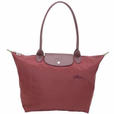 LONGCHAMP Le Pliage Green 奔馬刺繡長提把再生尼龍水餃包(L/紅石榴色)