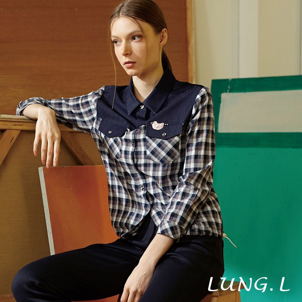 LUNG.L林佳樺 深藍格紋拼接雙口袋長袖女裝襯衫(罩衫) LX10A