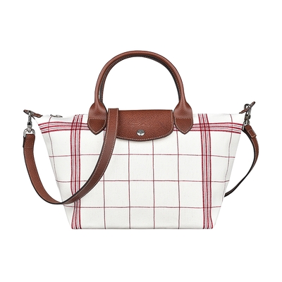 LONGCHAMP LE PLIAGE TORCHON奔馬LOGO格紋棉布短把拉鍊斜背水餃包(白x紅)