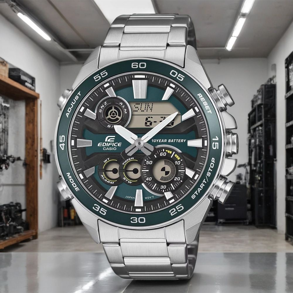 CASIO 卡西歐 EDIFICE 10年電力雙顯運動計時手錶 開學換新季 送禮推薦-綠x銀 ERA-130D-3A