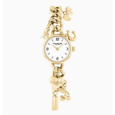 COACH 官方授權 時尚 金色不鏽鋼吊飾 圓型白麵造型錶-女錶(CO14504648)22mm