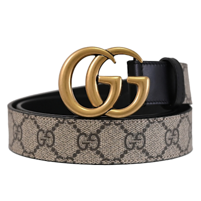 GUCCI GG Supreme 金屬雙G LOGO經典印花穿扣式皮帶(駝/黑)