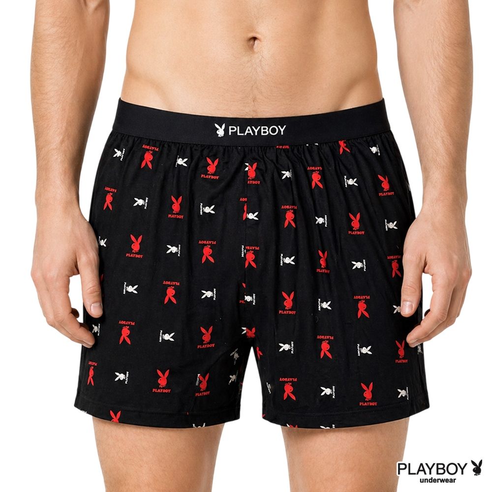 PLAYBOY涼感COOL AIR瞬涼嫘縈兔頭印花四角褲-紅兔黑底