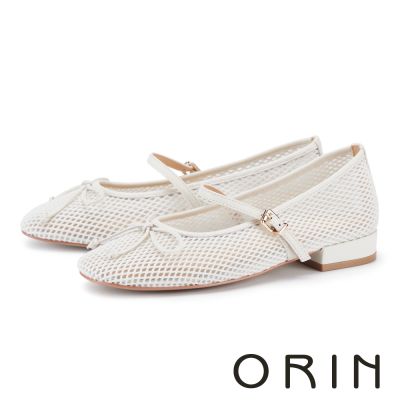 ORIN 透氣網布一字帶瑪莉珍低跟鞋 米色