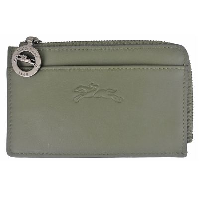 Longchamp Le Pliage 綠色牛皮口袋卡片拉鍊零錢包