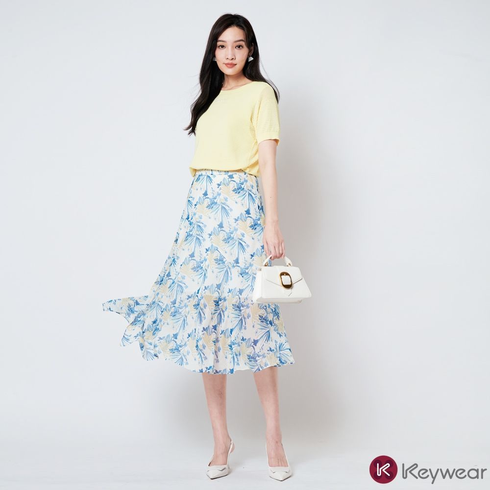 KeyWear奇威名品    夏日花葉不規則中長裙-淺黃色