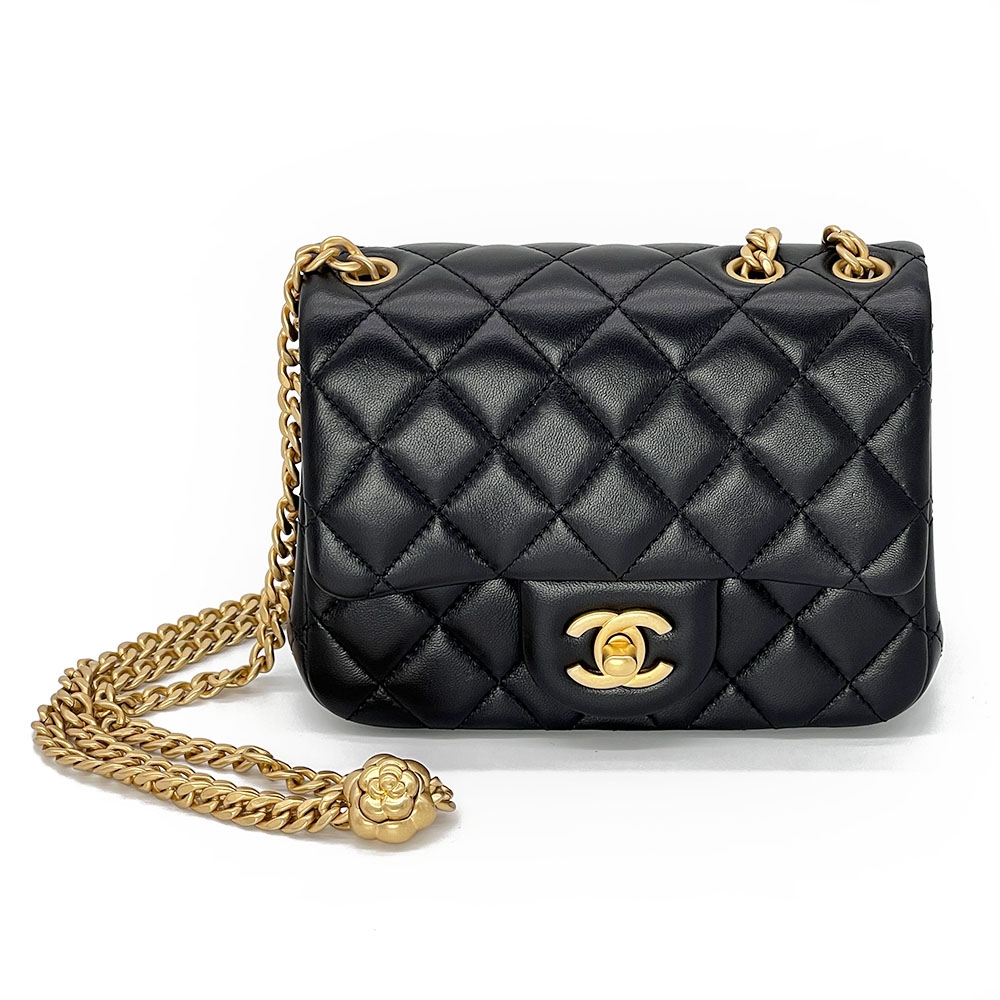 Chanel香奈兒方胖子山茶花調節釦羊皮斜背包（17cm/黑色/金釦) | 斜背包/鍊帶包| Yahoo購物中心