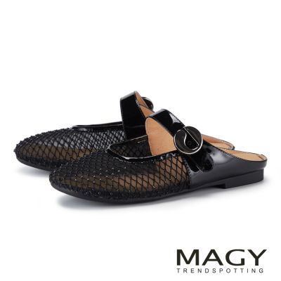 MAGY 牛皮鑽飾扣帶紗網穆勒鞋 黑色