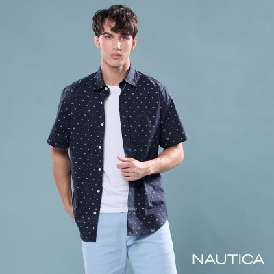 Nautica 男裝 經典紳士滿版印花棉質短袖襯衫-藍色