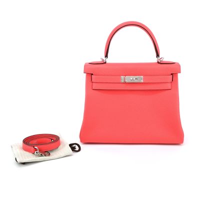 Hermes 愛馬仕 Kelly 28CM B刻 Togo 牛皮手提/肩背凱莉包(0E德克薩斯粉/銀釦)