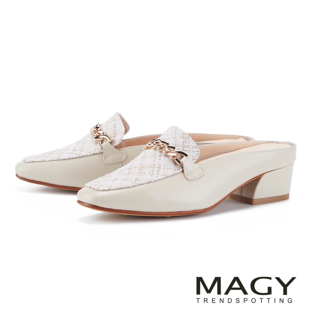 MAGY 精選金屬串鍊牛皮低跟穆勒鞋 米白
