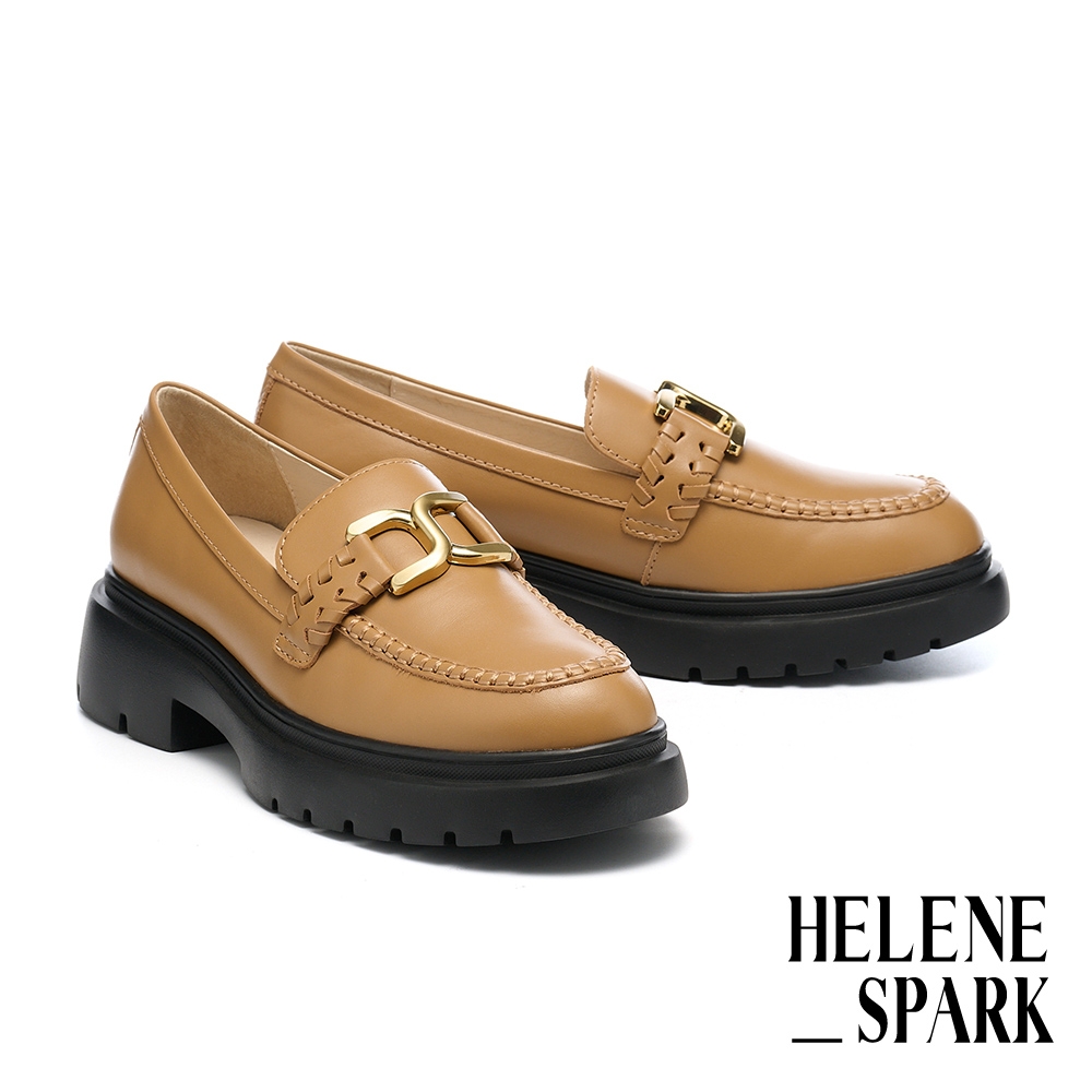 厚底鞋 HELENE_SPARK 復古知性造型釦全真皮樂福厚底鞋－棕