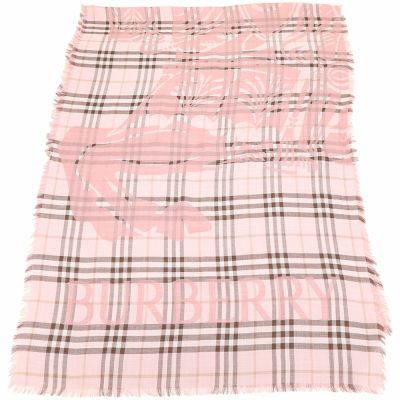 BURBERRY 巴寶莉 200x70CM 寬版格紋戰馬印花羊毛蠶絲流蘇圍巾(蝴蝶結粉)