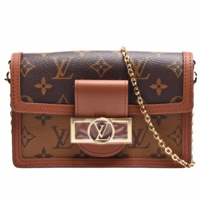 LV Louis Vuitton路易威登 M68746 DAUPHINE系列Reverse帆布牛皮飾邊鍊帶手拿/斜背包