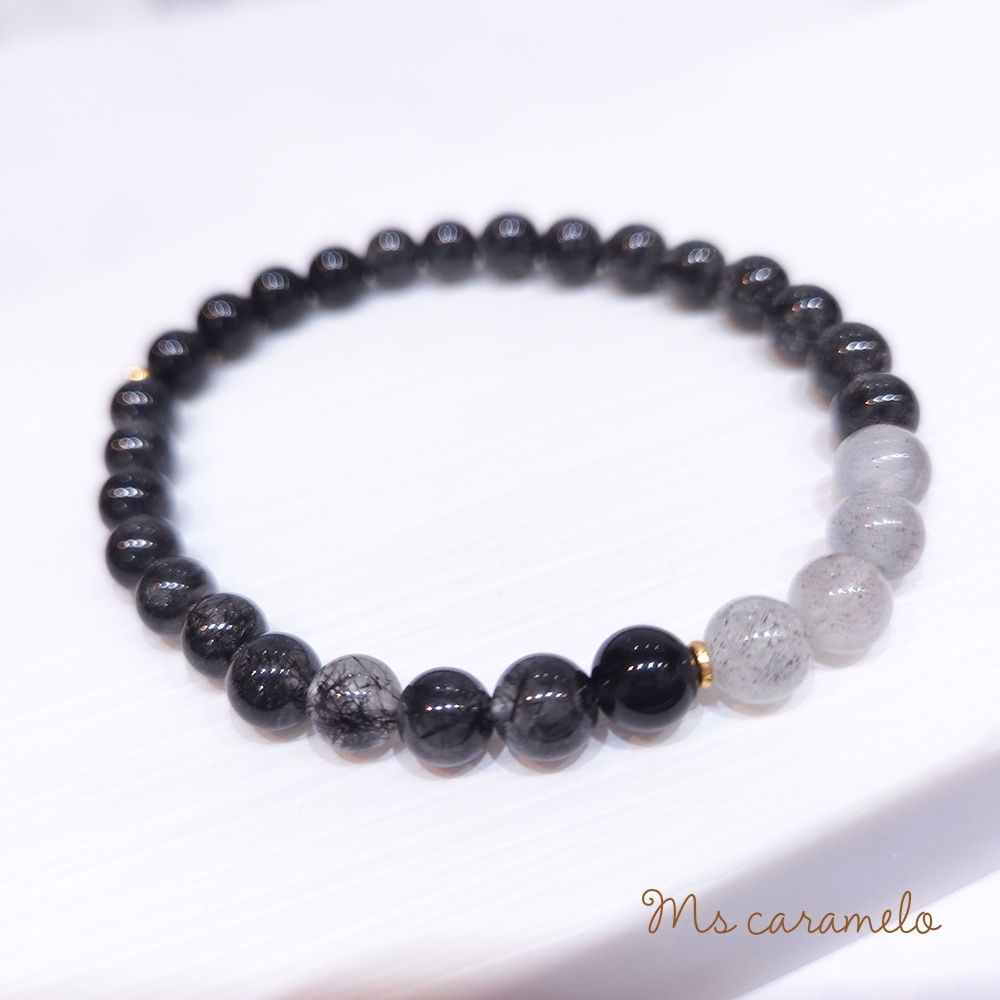 【焦糖小姐 Ms caramelo】黑髮晶 灰月光石 水晶手鍊