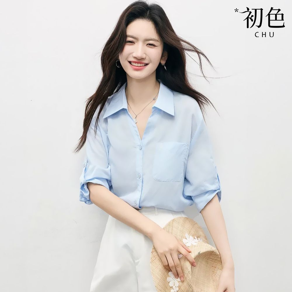 初色 通勤風純色翻領單排釦挽袖五分袖襯衫上衣女上衣-藍色-52056(M-2XL可選)