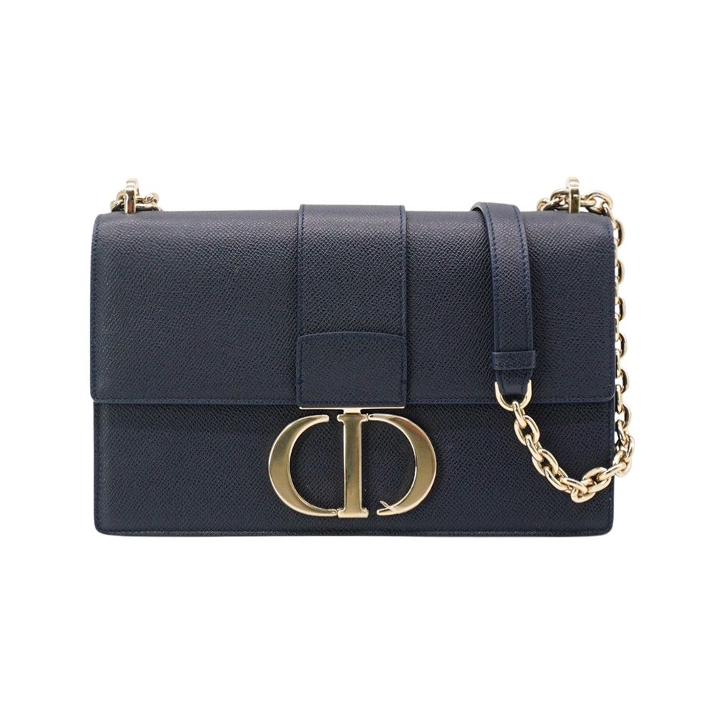 二手品 Dior 迪奧 30 Montaigne 牛皮金釦鏈帶翻蓋兩用包(深藍)