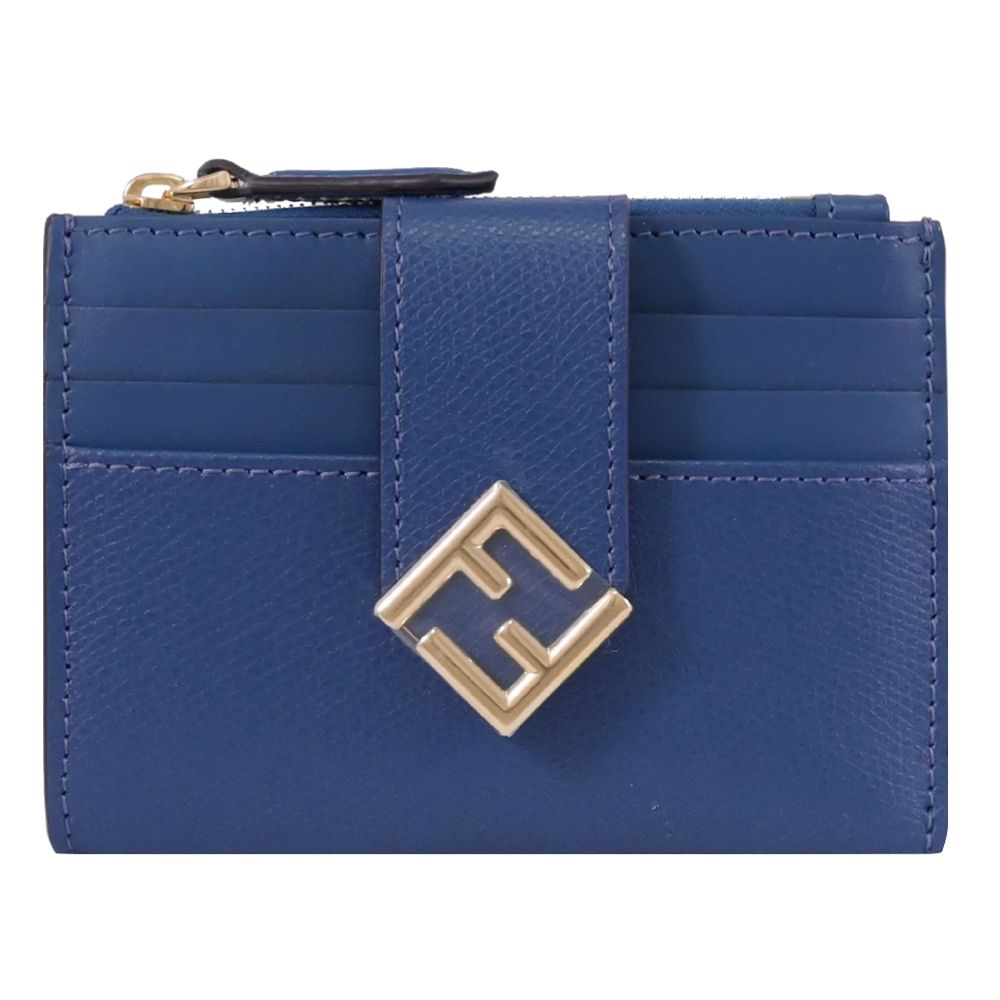 FENDI 經典金屬FF LOGO牛皮拉鍊零錢包(深藍)