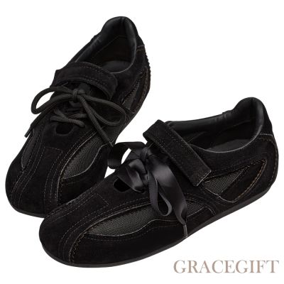【Grace Gift】芭蕾少女方頭2WAY綁帶魔鬼氈運動鞋 黑