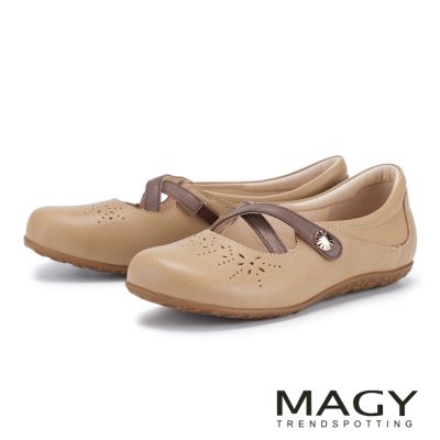 MAGY 羊皮鏤空透氣休閒平底鞋 棕色
