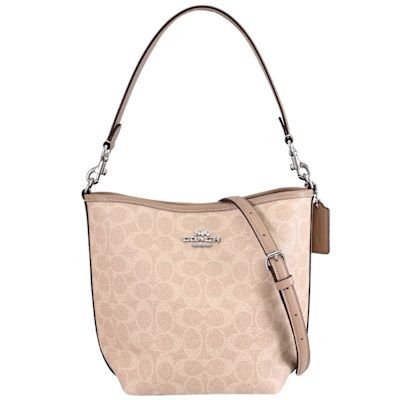 COACH 金屬馬車LOGO滿版印花兩用包/水桶包(卡其/淺褐)