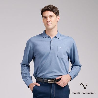 Emilio Valentino 範倫鐵諾 男長袖POLO衫 保暖蓄熱 口袋 藍(15-5V9985)