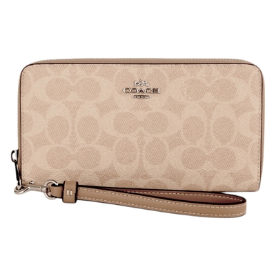 COACH  金馬車防刮LOGO皮革拉鍊掛帶長夾(卡其x淺褐)