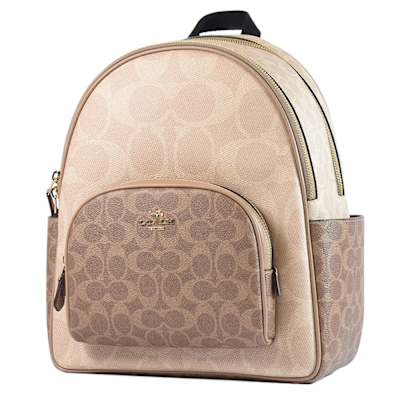 COACH 緹花LOGO雙側置物拉鍊後背包-棕/灰褐