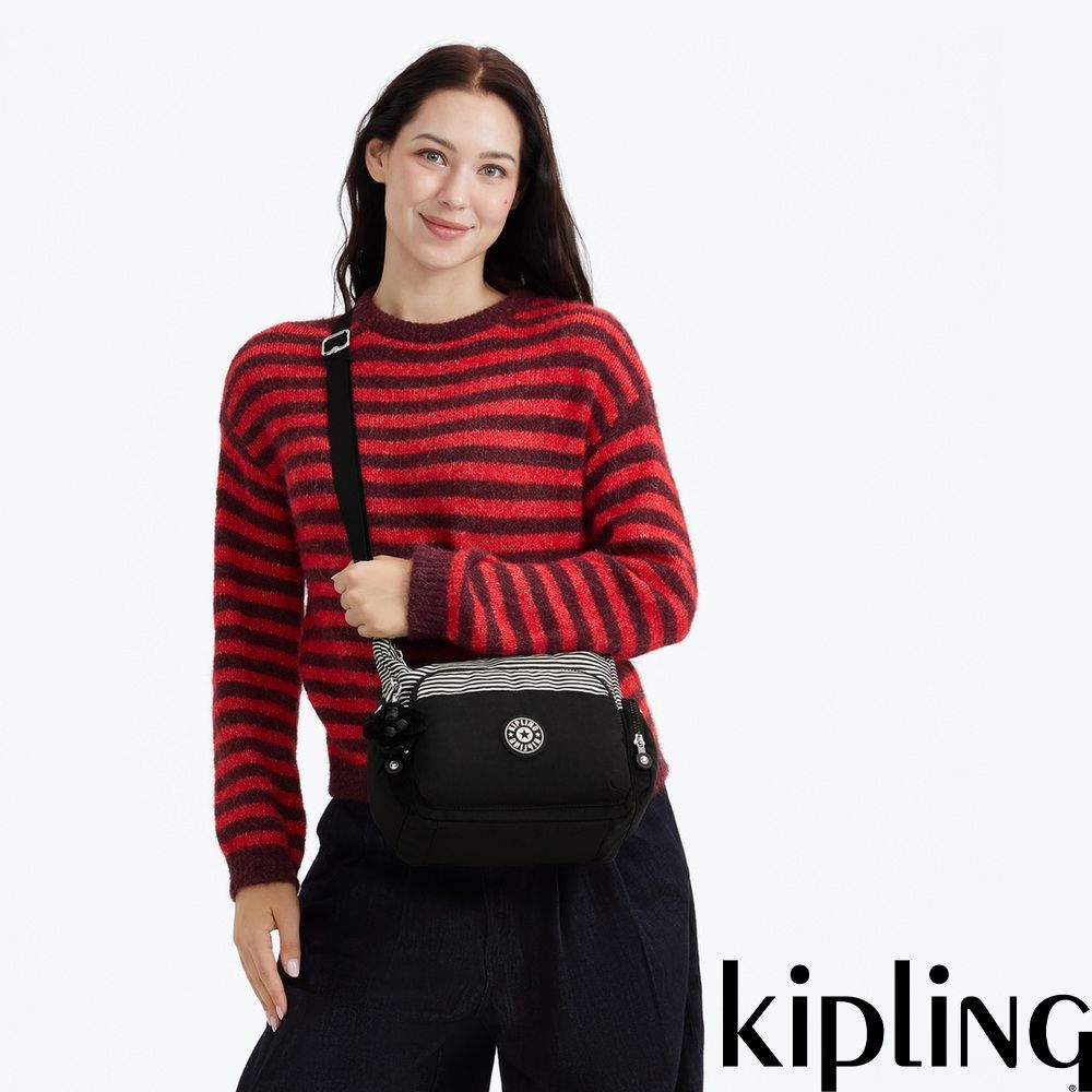 『牛角包』Kipling 白色條紋拼接輕巧多袋實用側背包-GABB S
