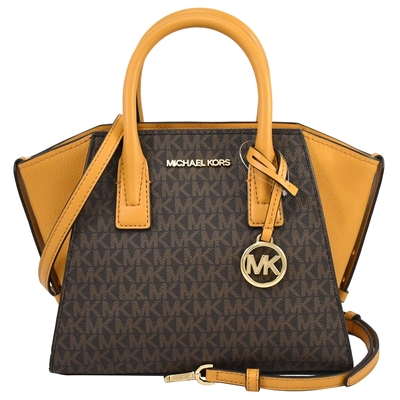 MICHAEL KORS AVRIL 拼接款經典印花兩用手提包(深咖/黃)