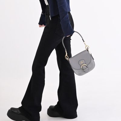 COACH Kleo 金屬馬車LOGO絨面皮革拼接翻蓋兩用包(灰)