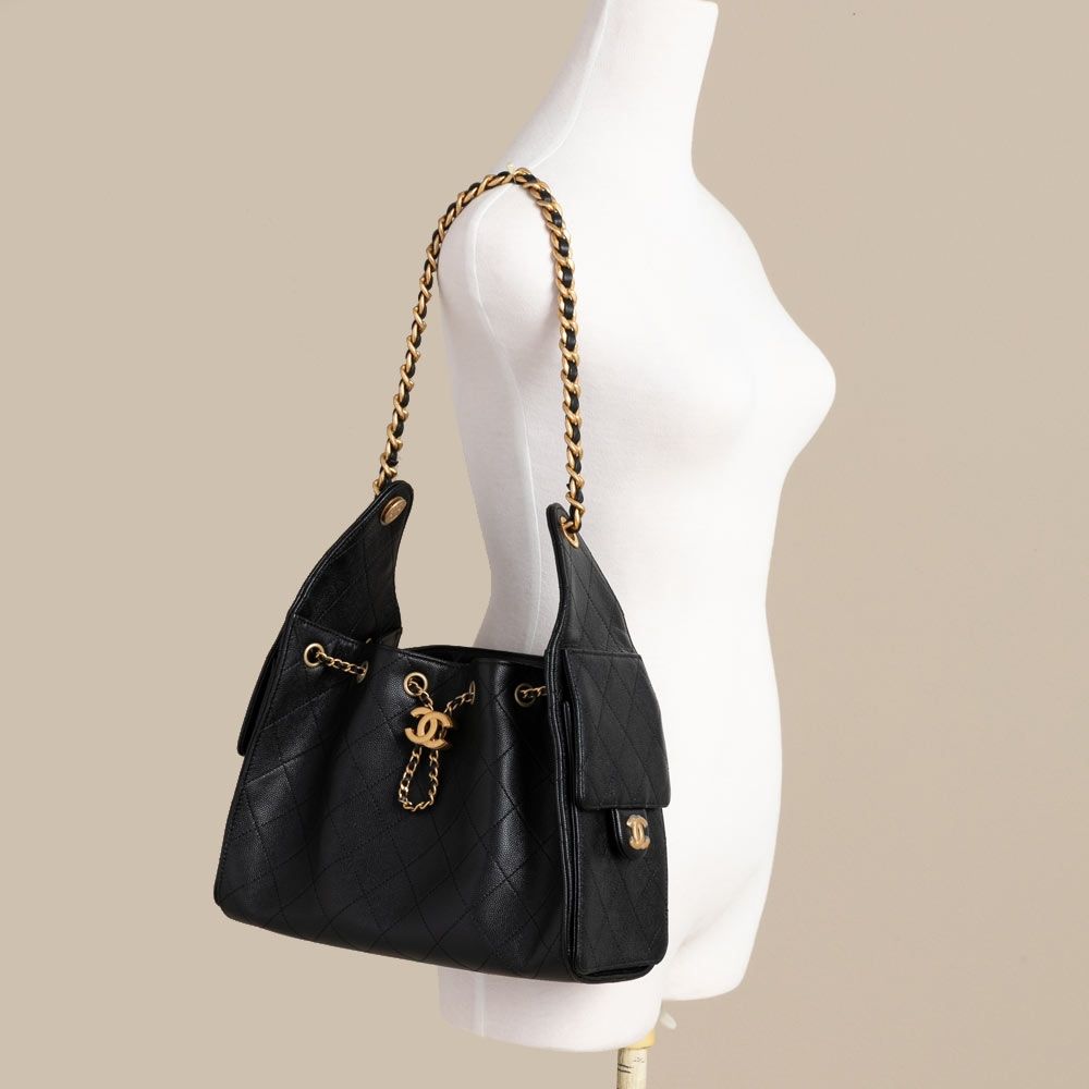 CHANEL香奈兒 Chanel 25 Hobo bag (黑/金) (粒面/金黑雙色鏈帶)