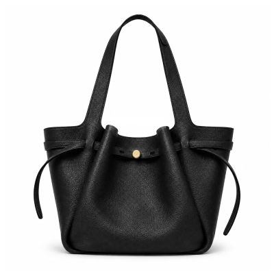 TORY BURCH ROMY 荔枝紋皮革束帶繩肩背水桶包(黑)