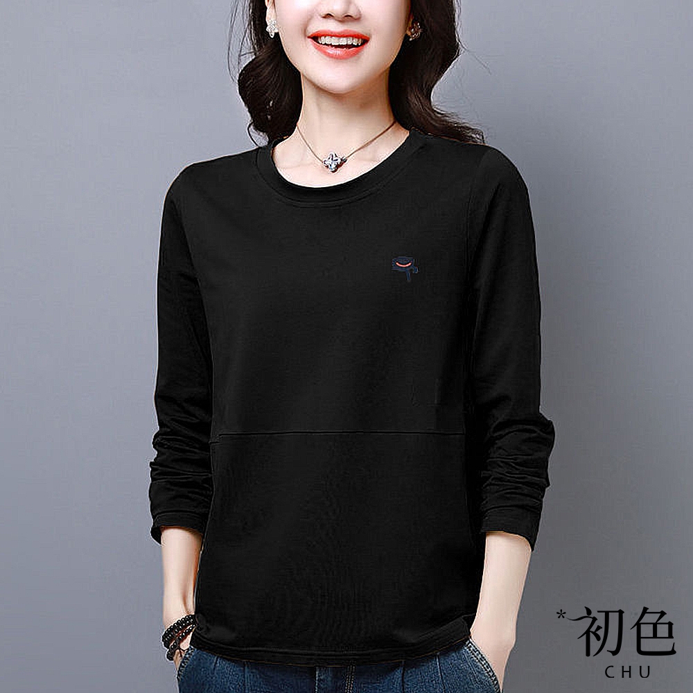 初色  純色V領翻領圓領印花長袖T恤女上衣-5款任選-31548 (M-2XL可選) (C.)
