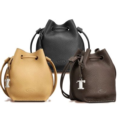 TOD S T字吊飾 荔紋牛皮斜背水桶包-3色可選