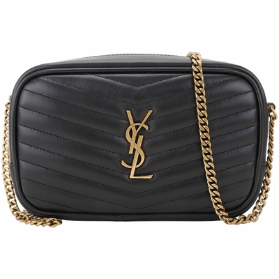 YSL Saint Laurent LOU 迷你款 仿舊金字牛皮鍊帶斜背相機包(黑色)