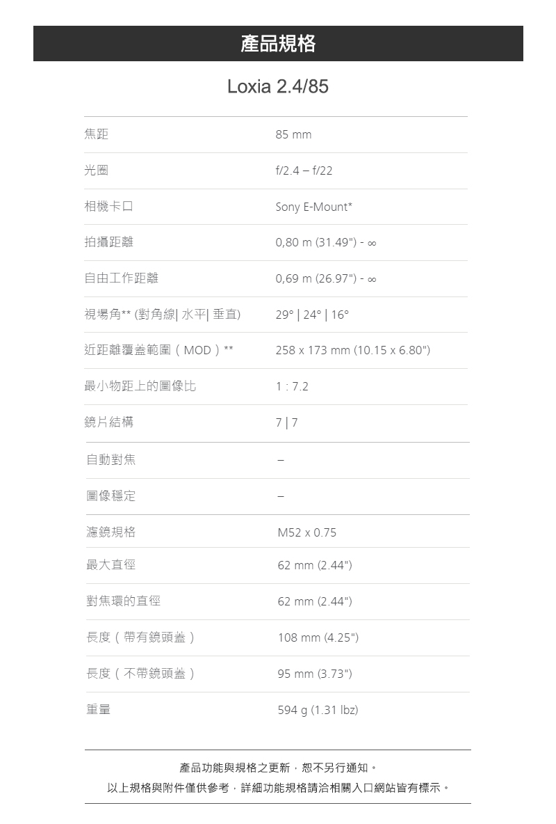 ZEISS蔡司 Loxia 2.4/85 - 詳情1
