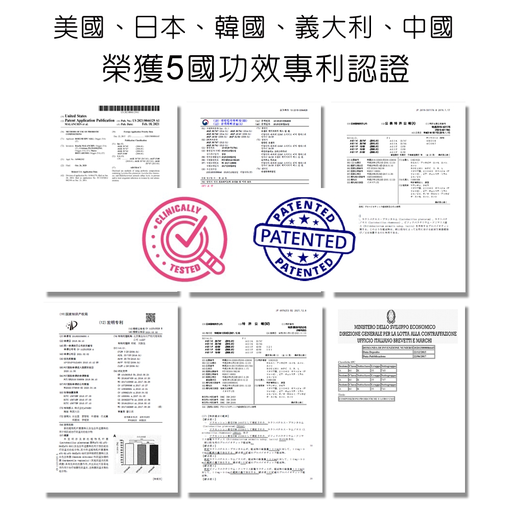 美國日本、韓國、義大利、中國榮獲5國功效專利認證 StatesPatent pplication       19知识产权局(12) 发明专利ESTEDPTENTED  (セッション 、     ウムA するこのようよっ用である。MINISTERO LLO SVILUPPO ECONOMICODIREZIONE GENERALE PER LA LOTTA ALLA CONTRAFFAZIONEUFFICIO ITALIANO BREVETTI E MARCHI DE   AAT