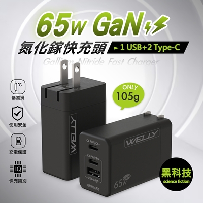 WELLY 65W氮化鎵GaN快充 PD+QC+PPS全相容 USB-C/A三孔輸出 極速充電器(黑色)
