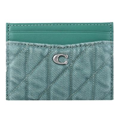 COACH 金屬C LOGO絎縫牛仔布簡易式卡夾(藍綠色)