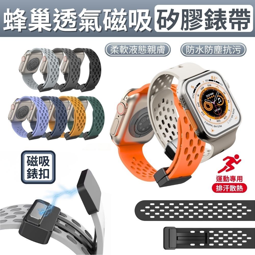 【Phonemo】Apple Watch 磁吸蜂巢錶帶 透氣親膚液態矽膠 潮流多色可選 38-49mm 通用 (經典黑)