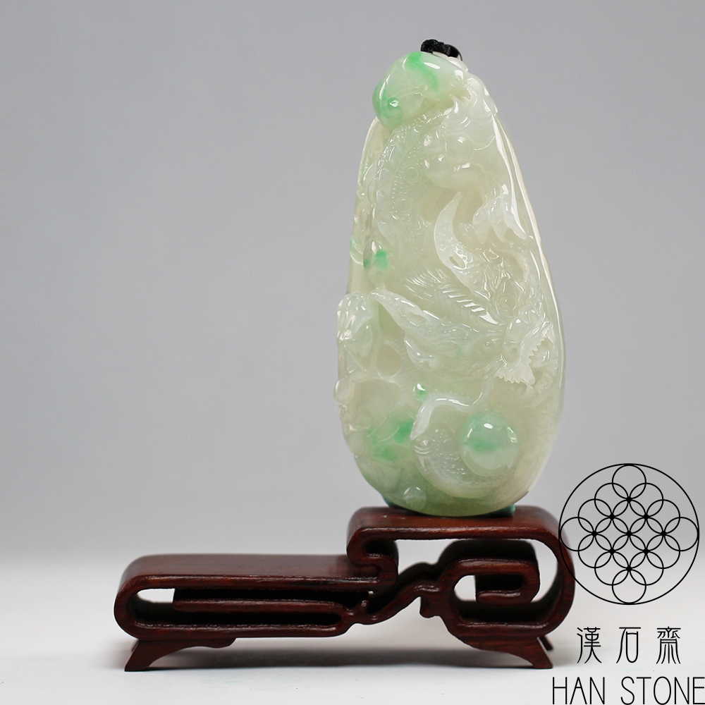 漢石齋】天然翡翠A貨護主龍牌玉佩吊墜冰糯種飄花(43*83*13mm) | 漢石齋