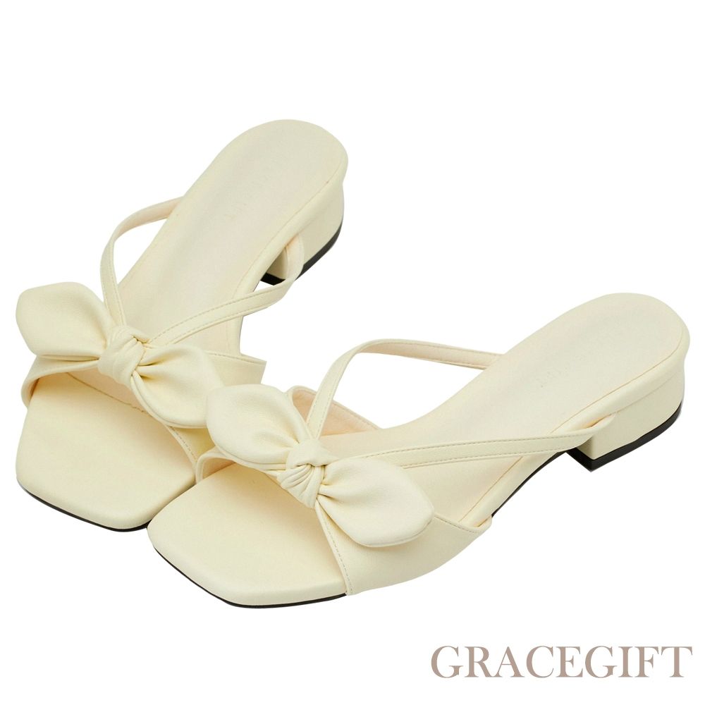 【Grace Gift】日雜感蝴蝶結寬帶低跟拖鞋 米白