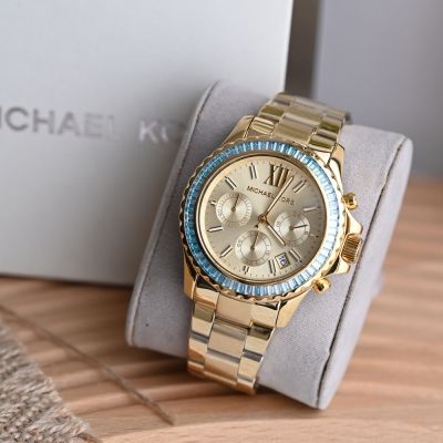 MICHAEL KORS 質感不銹鋼表圈鑲嵌綠松石晶手錶 42mm(金)