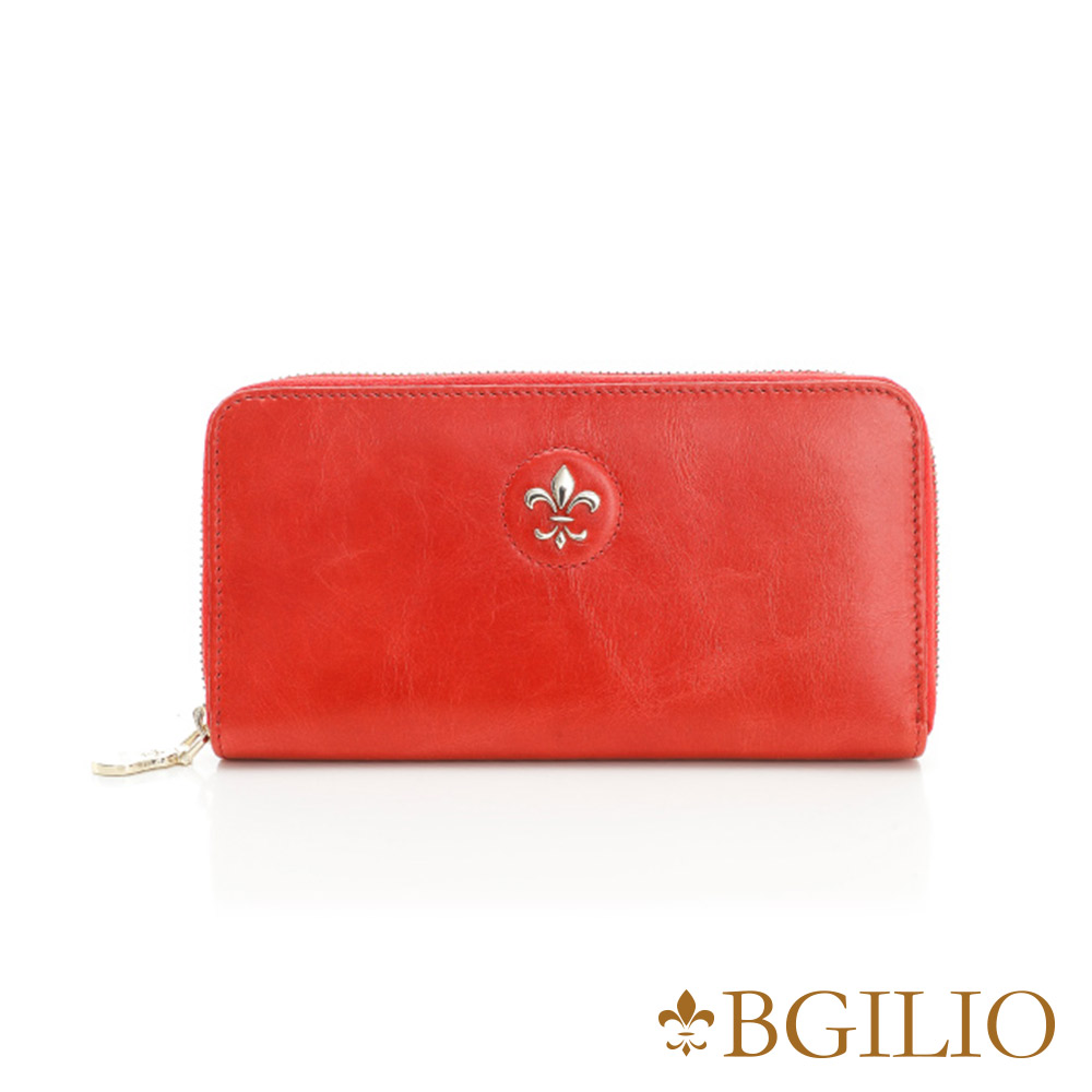 義大利BGilio 蠟感裂紋牛皮拉鍊長夾-紅色 1944.323A-01