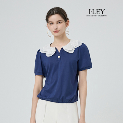 ILEY伊蕾 釦飾小V領蕾絲縲縈上衣(深藍；M-XL)