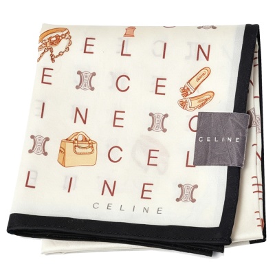 CELINE 米白底可愛配件包包字母印花圖騰LOGO帕領巾(52CM)